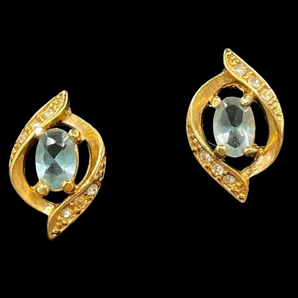 Vintage Avon Faux Aquamarine Rhinestone Stud Earrings Gold Tone Swirl Oval